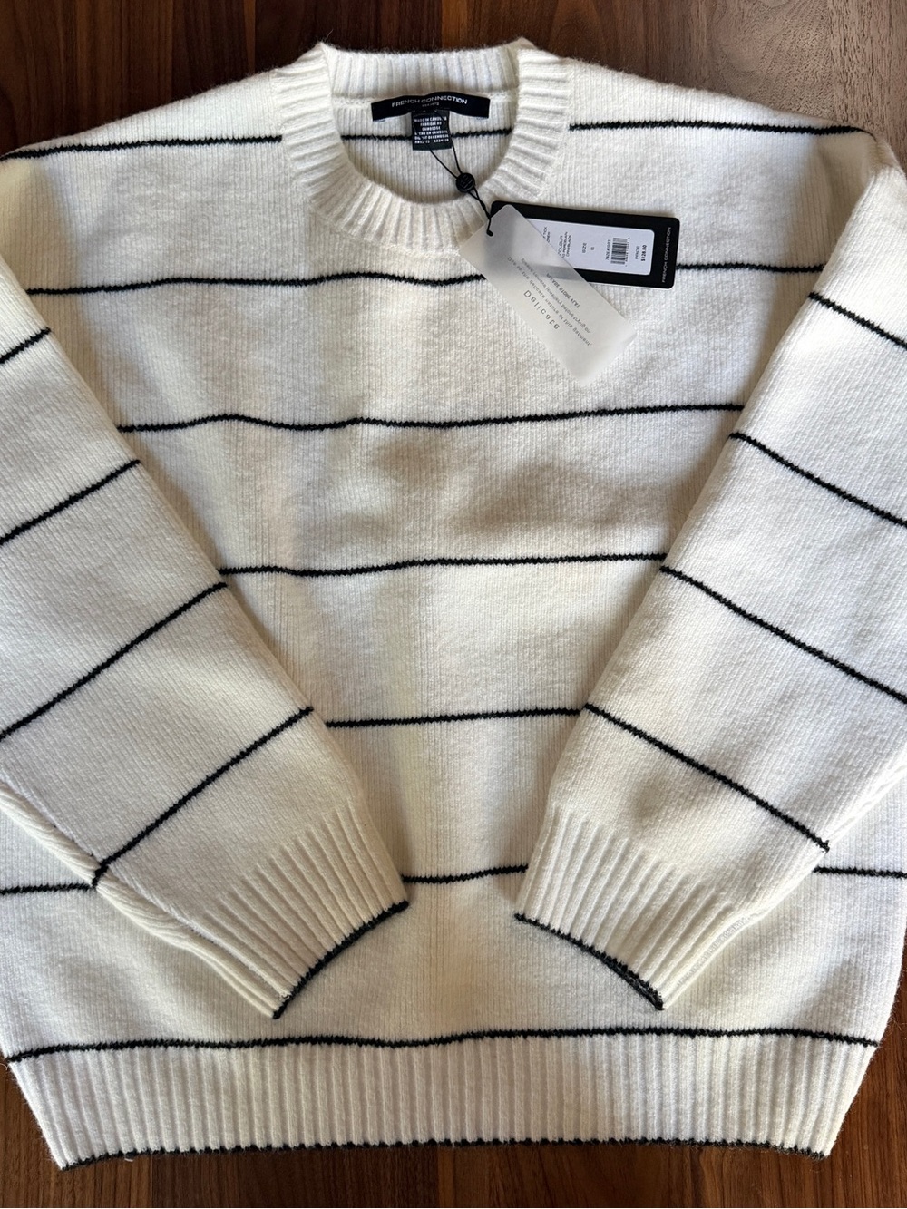 French Connection White Crewneck Sweater with Black Stripes